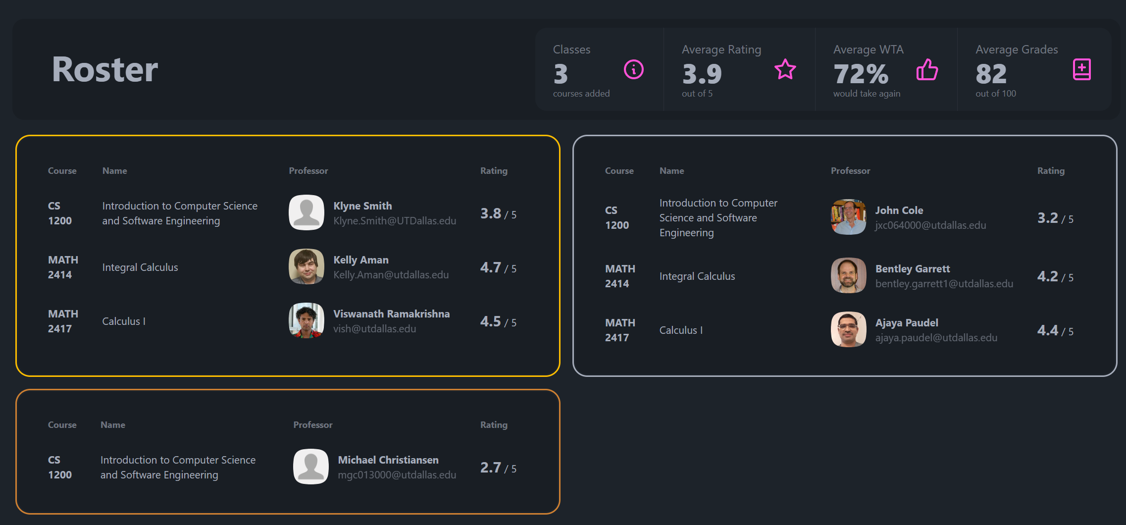 Roster summary comparing selected professors across multiple classes.